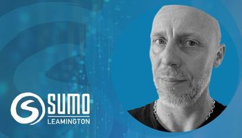 Black and white picture of Paul Hollywood on a textured blue background alongside the Sumo Leamington logo in white